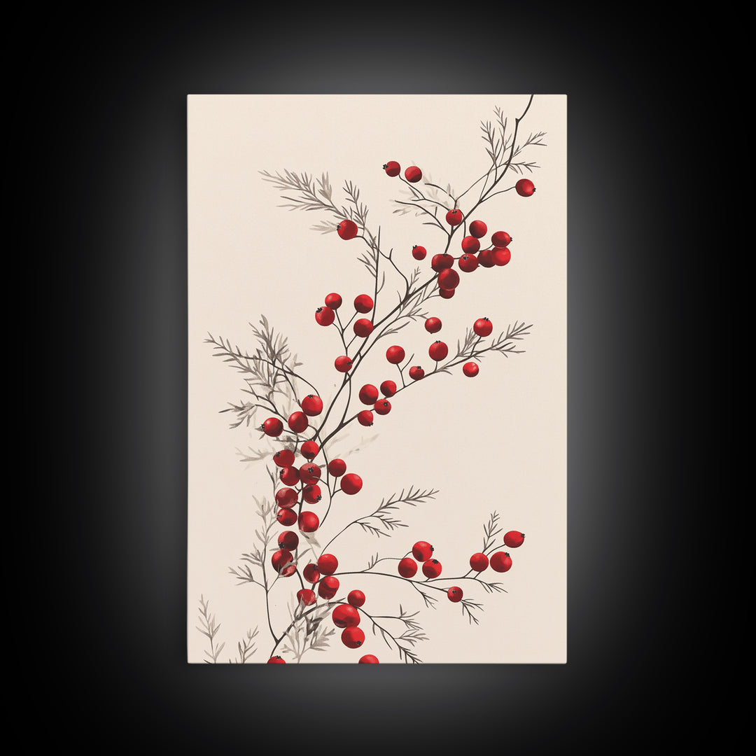 Holly Berries Canvas Print - Framed Canvas - Minimalist Christmas Art - Boho Christmas Art - Rustic Christmas Art