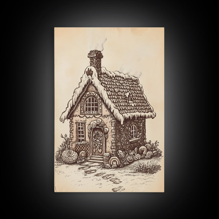 Ginger Bread House Canvas Print - Framed Canvas - Minimalist Christmas Art - Boho Christmas Art - Rustic Christmas Art
