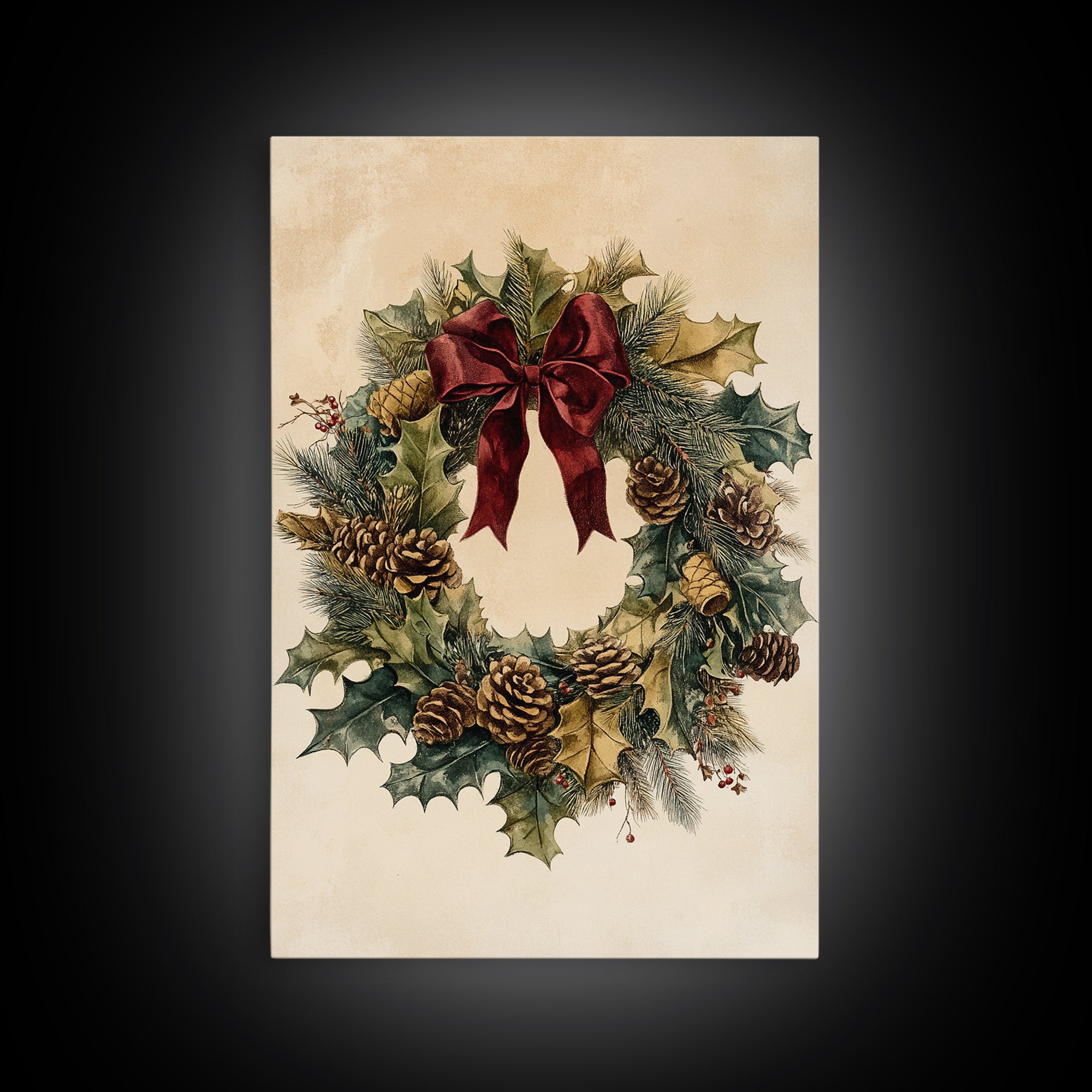 Vintage Christmas Wreath Canvas Print - Framed Canvas - Minimalist Christmas Art - Boho Christmas Art - Rustic Christmas Art