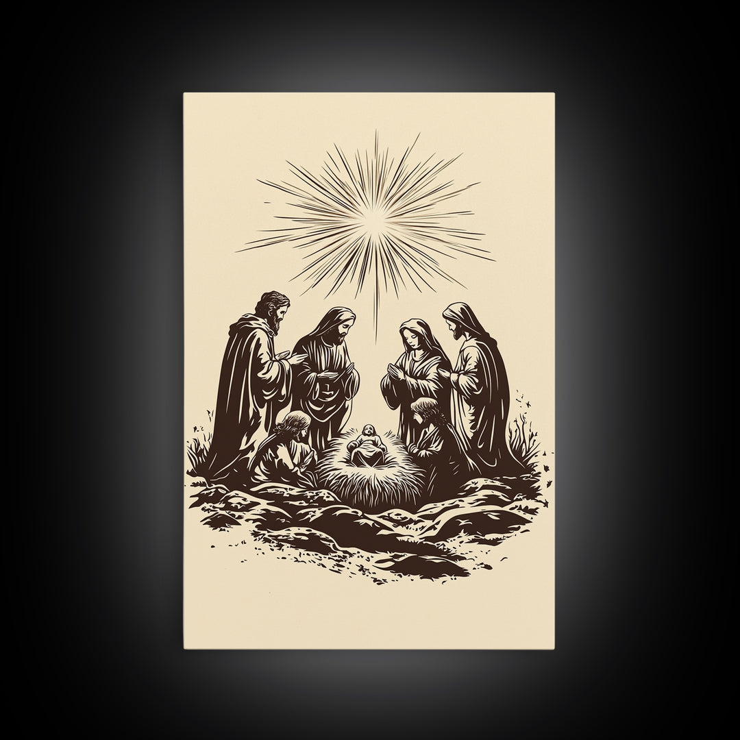 Nativity Scene Canvas Print - Framed Canvas - Minimalist Christmas Art - Boho Christmas Art - Rustic Christmas Art - Nativity Painting