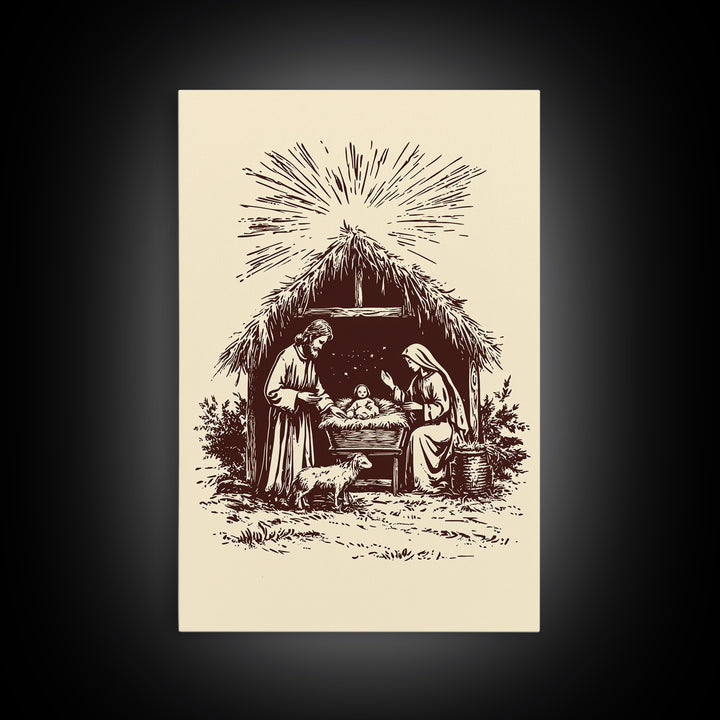Retro Nativity Scene Canvas Print - Framed Canvas - Minimalist Christmas Art - Boho Christmas Art - Rustic Christmas Art