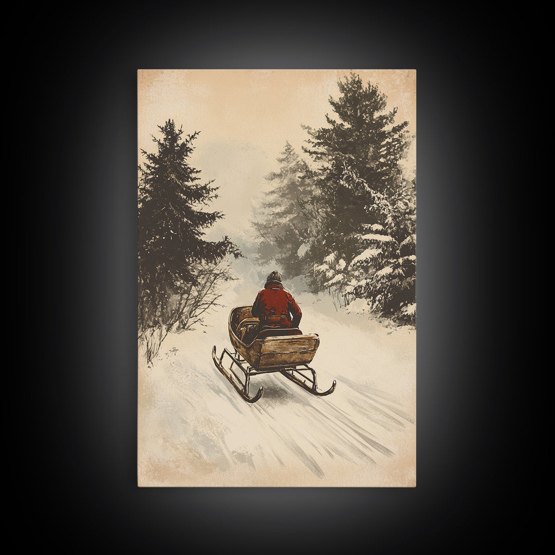 Christmas Sleigh Ride Canvas Print - Framed Canvas - Minimalist Christmas Art - Boho Christmas Art - Rustic Christmas Art