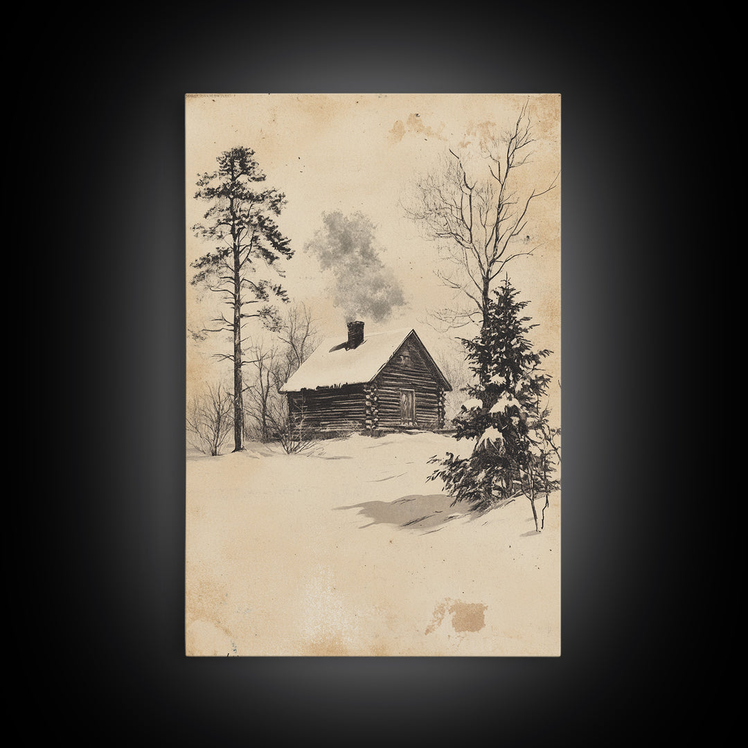 Christmas Cabin Canvas Print - Framed Canvas - Minimalist Christmas Art - Boho Christmas Art - Rustic Christmas Art