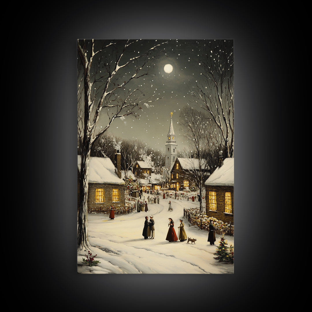 Huge Christmas Tree In The Town Square, Christmas Village Wall Art, Framed Canvas Print, Christmas Canvas Art