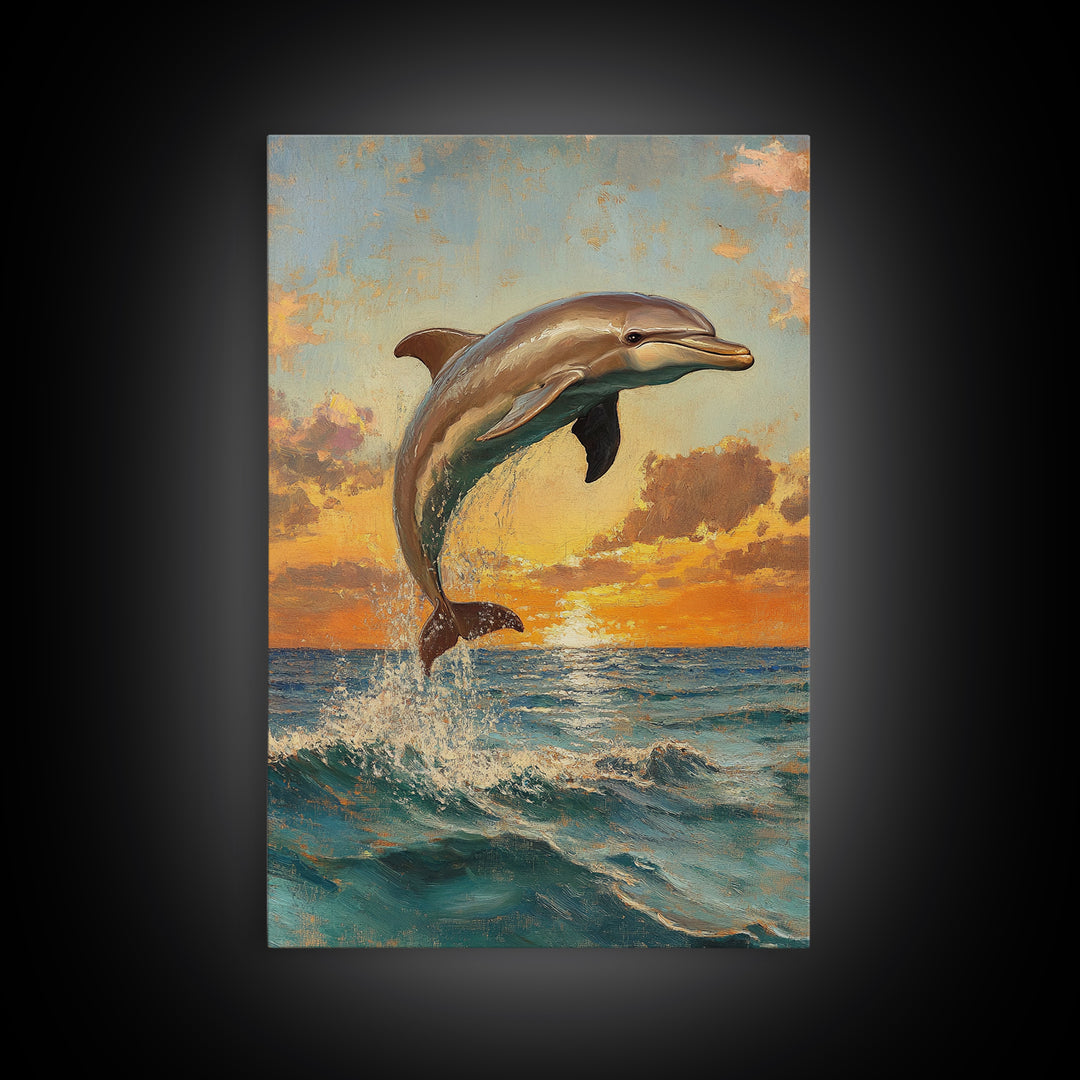 Dolphin Jumping At Sunset, Framed Canvas Print, Dolphin Painting, Dolphin Decor, Dolphin Wall Art