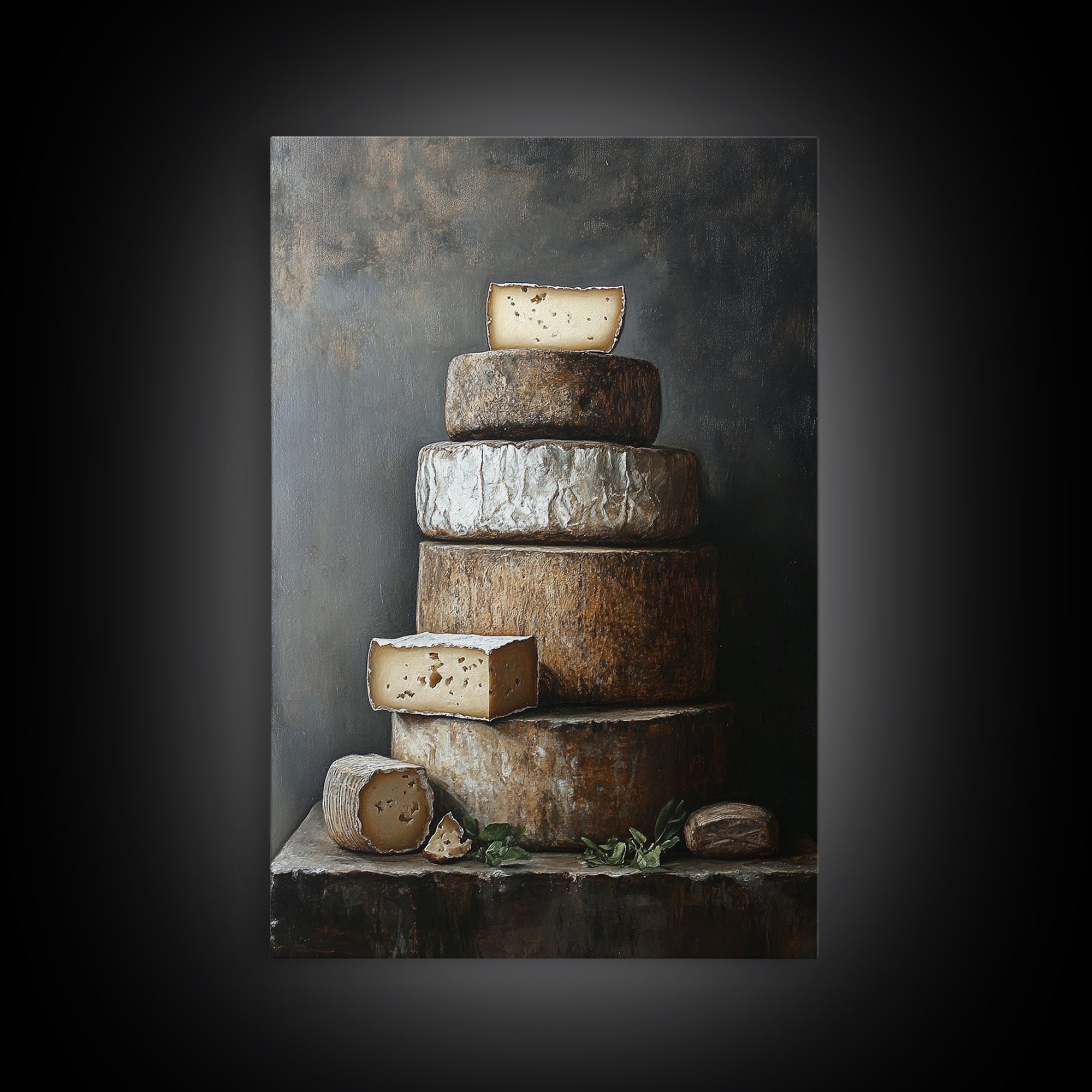 Cheese Wall Art Framed Canvas Print, Cheese Still Life, Cheese Painting, Kitchen Decor, Dining Room Wall Art, Rustic Farmhouse Kitchen Art