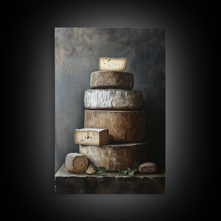 Cheese Wall Art Framed Canvas Print, Cheese Still Life, Cheese Painting, Kitchen Decor, Dining Room Wall Art, Rustic Farmhouse Kitchen Art