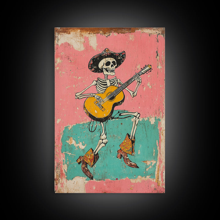 Retro Vaquero Skeleton Art Print, Canvas Art, Chicano Art, Spooky Mexican Art, Sugar Skull Art
