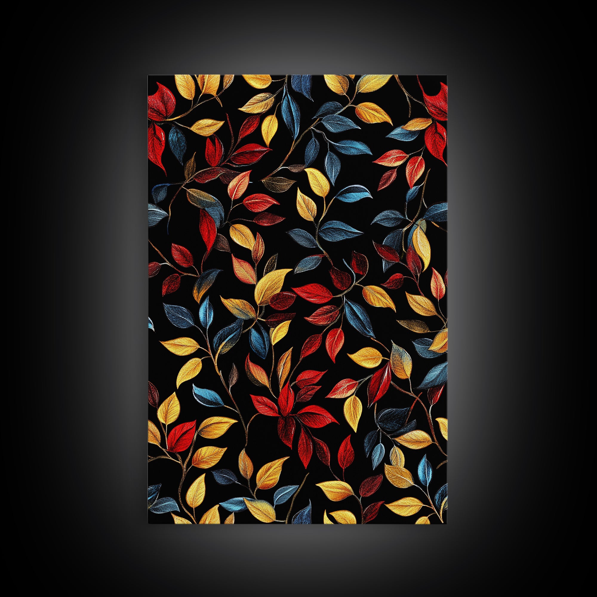 Botanical Fall Leaves Art Print On Canvas with Wood Frame, Black Background, Retro Style Home Decor