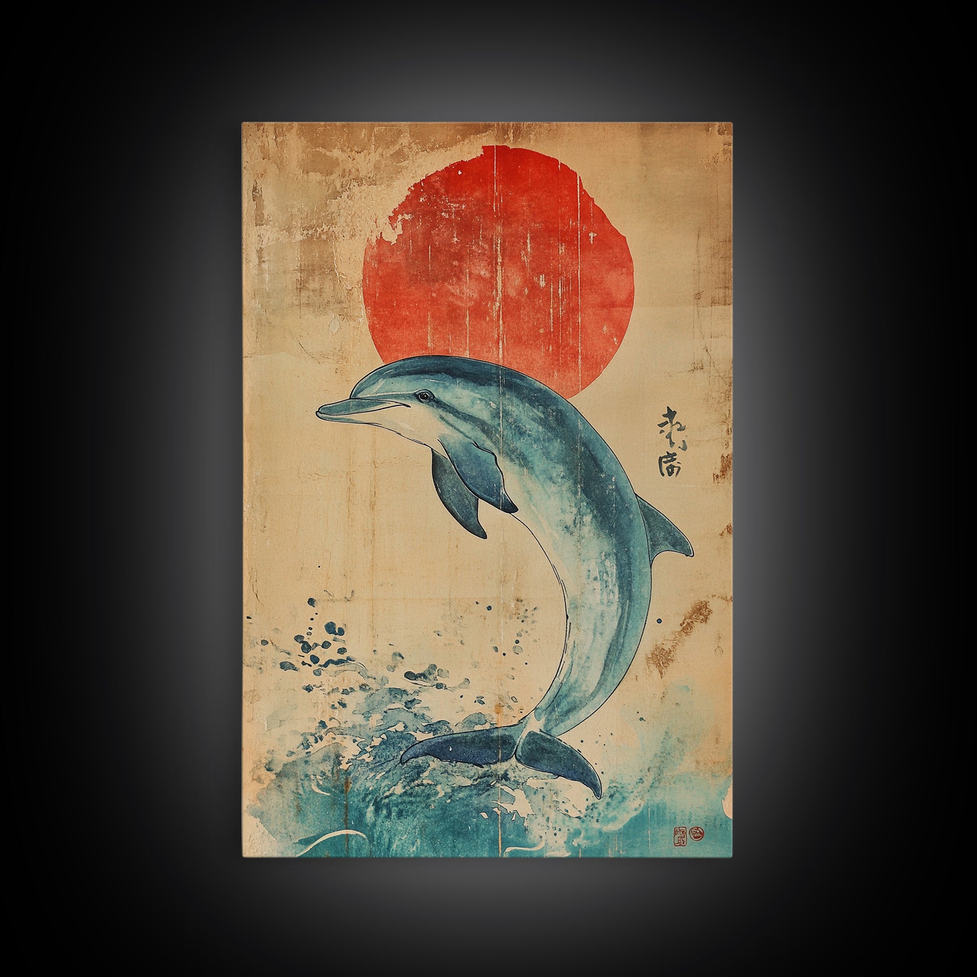 Dolphin Jumping Under A Sunset Over the Ocean Framed Canvas Print, Wabi Sabi Nautical Home Decor, Minimalist Wall Art, Office Decor
