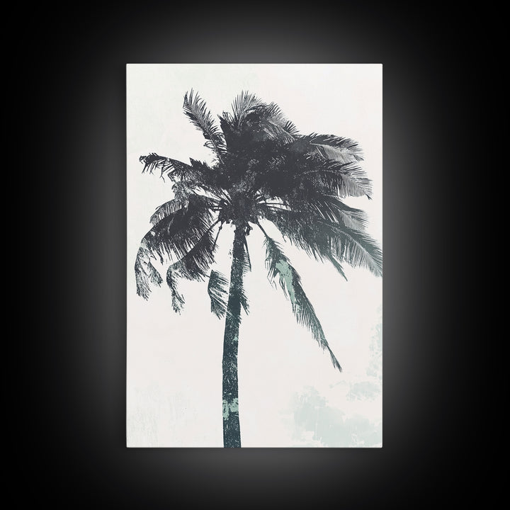 Palm Tree In The Wind, Framed Canvas Print, Wabi Sabi Watercolor Painting of a Palm Tree, Statement Piece Art