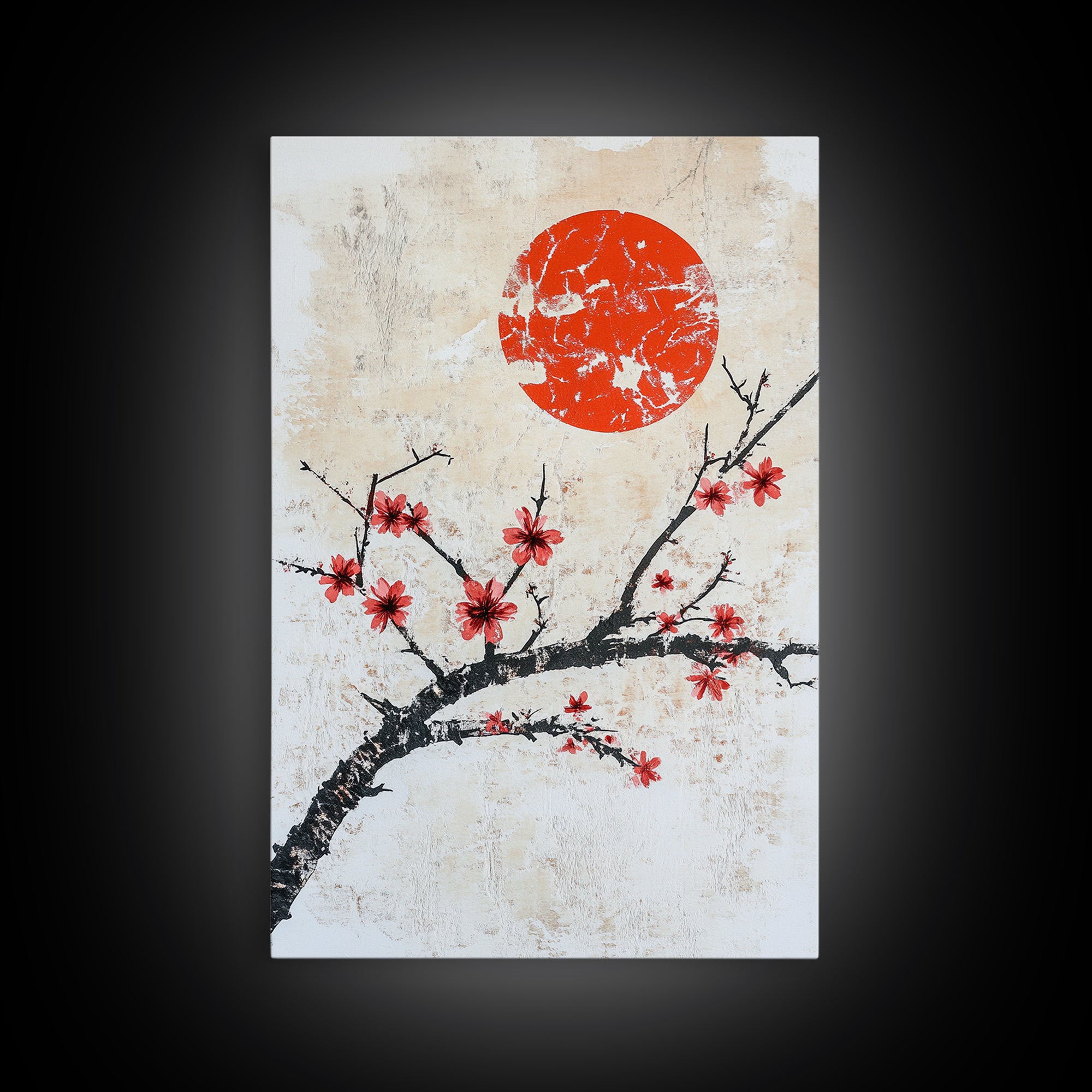 Cherry Blossoms and Sunset Framed Canvas Print - Minimalist Wabi Sabi Wall Art - Cherry Blossoms Painting - Home Decor - Japanese Style Art