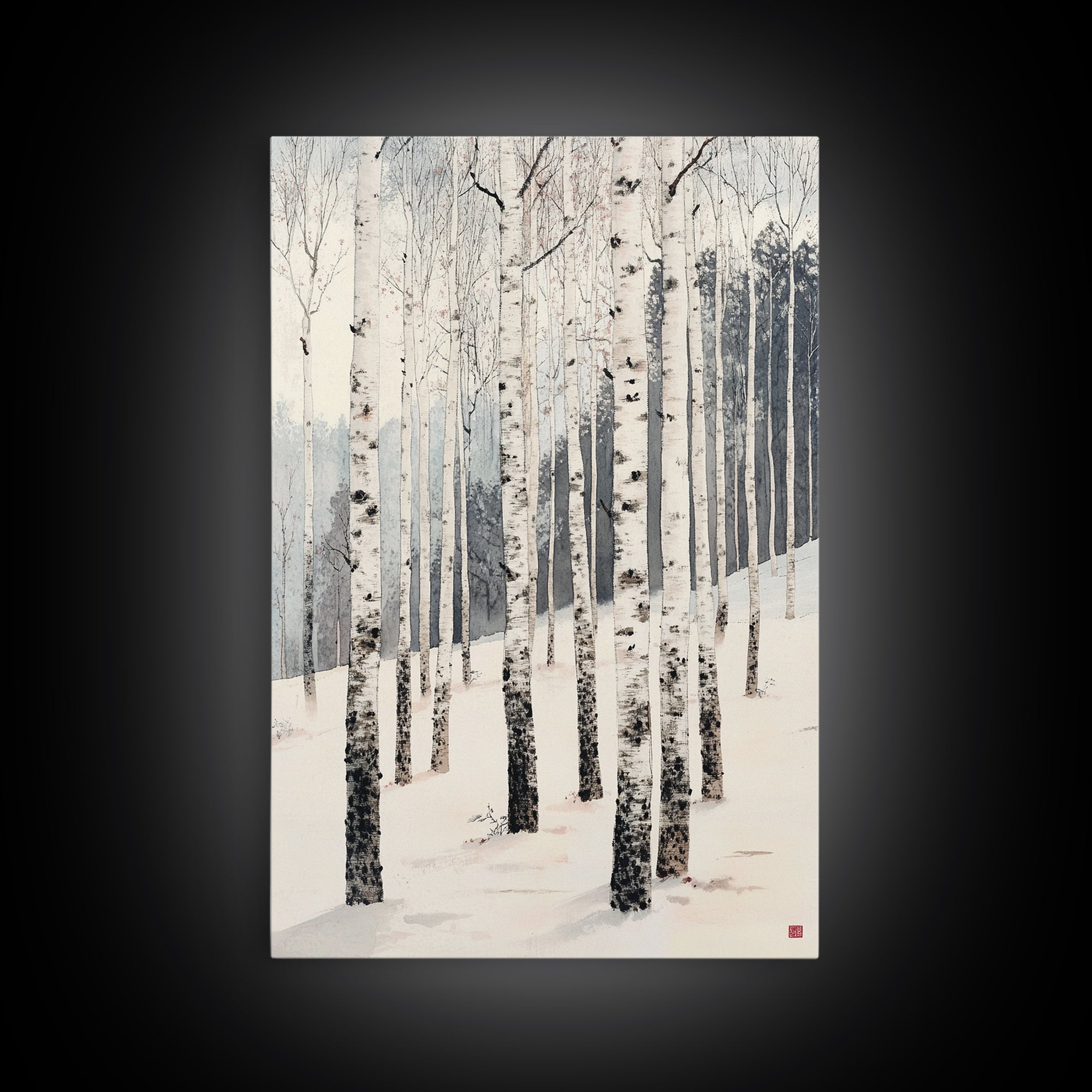Winter Birch Tree Forest Framed Canvas Print, White Birch Trees In Winter Forest Landscape Art Print Minimalist Living Room Nature Wall Art