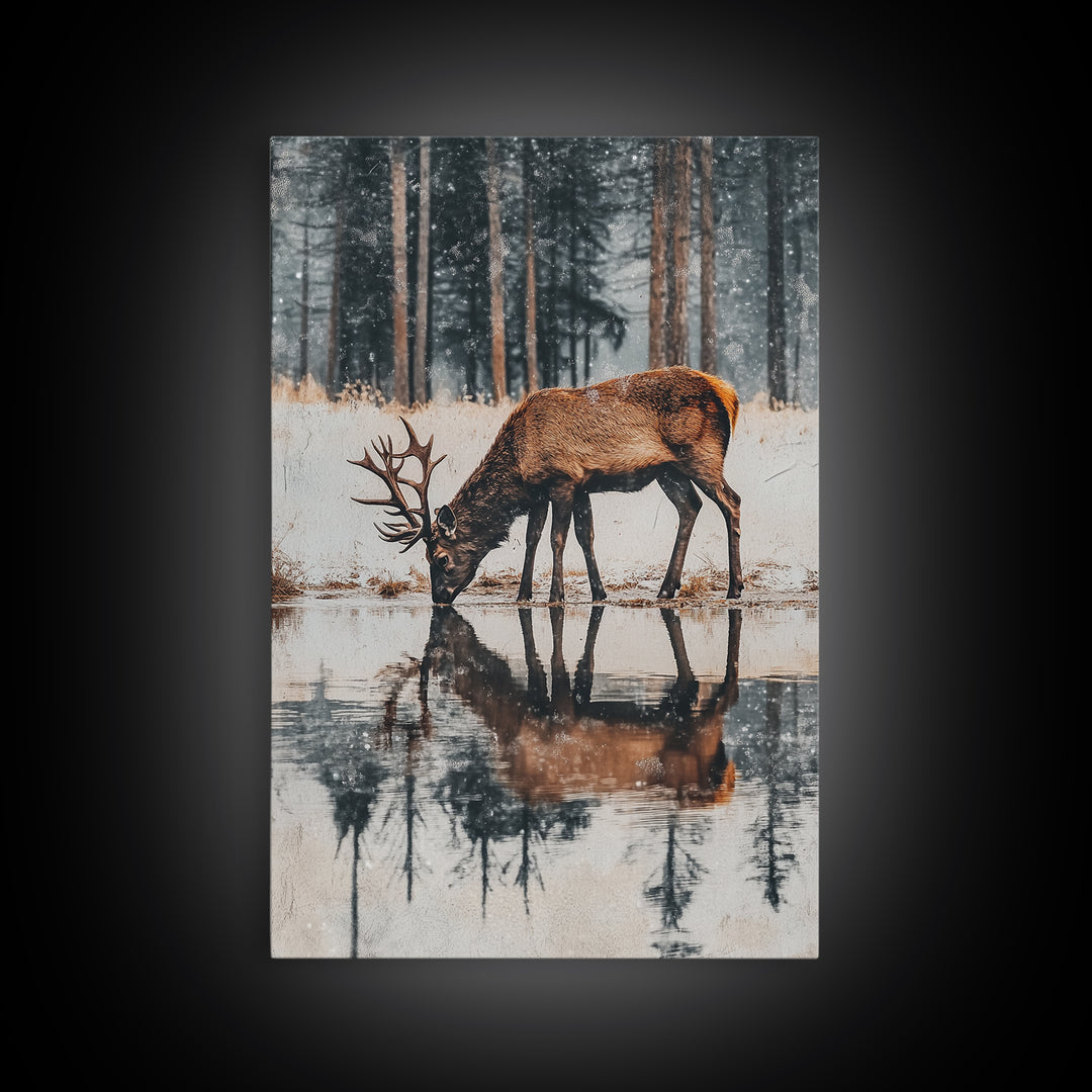 Elk Drinking Water Oil Painting Print, Framed Canvas, Deer Drinking Water In Forest Painting, Nature Decor, Cabin Wall Art, Winter Wall Art