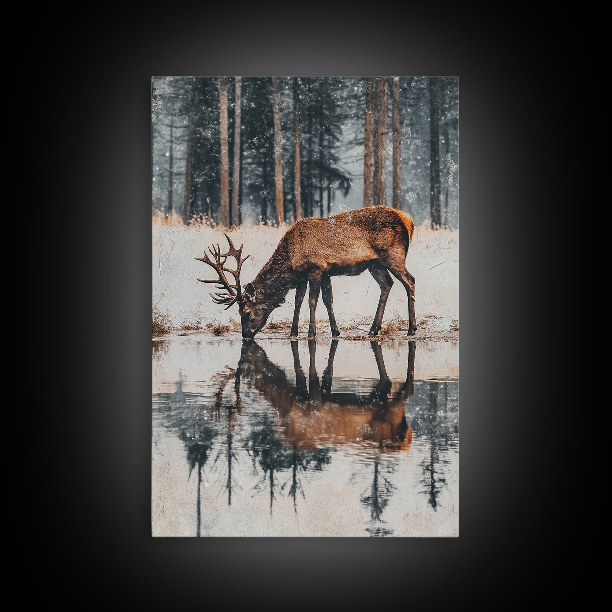 Elk Drinking Water Oil Painting Print, Framed Canvas, Deer Drinking Water In Forest Painting, Nature Decor, Cabin Wall Art, Winter Wall Art