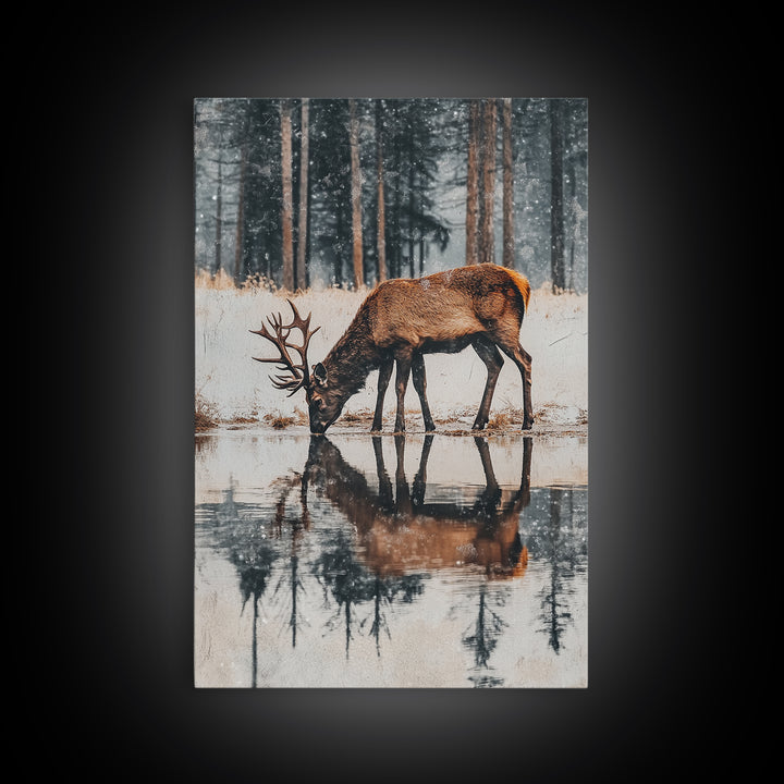 Elk Drinking Water Oil Painting Print, Framed Canvas, Deer Drinking Water In Forest Painting, Nature Decor, Cabin Wall Art, Winter Wall Art