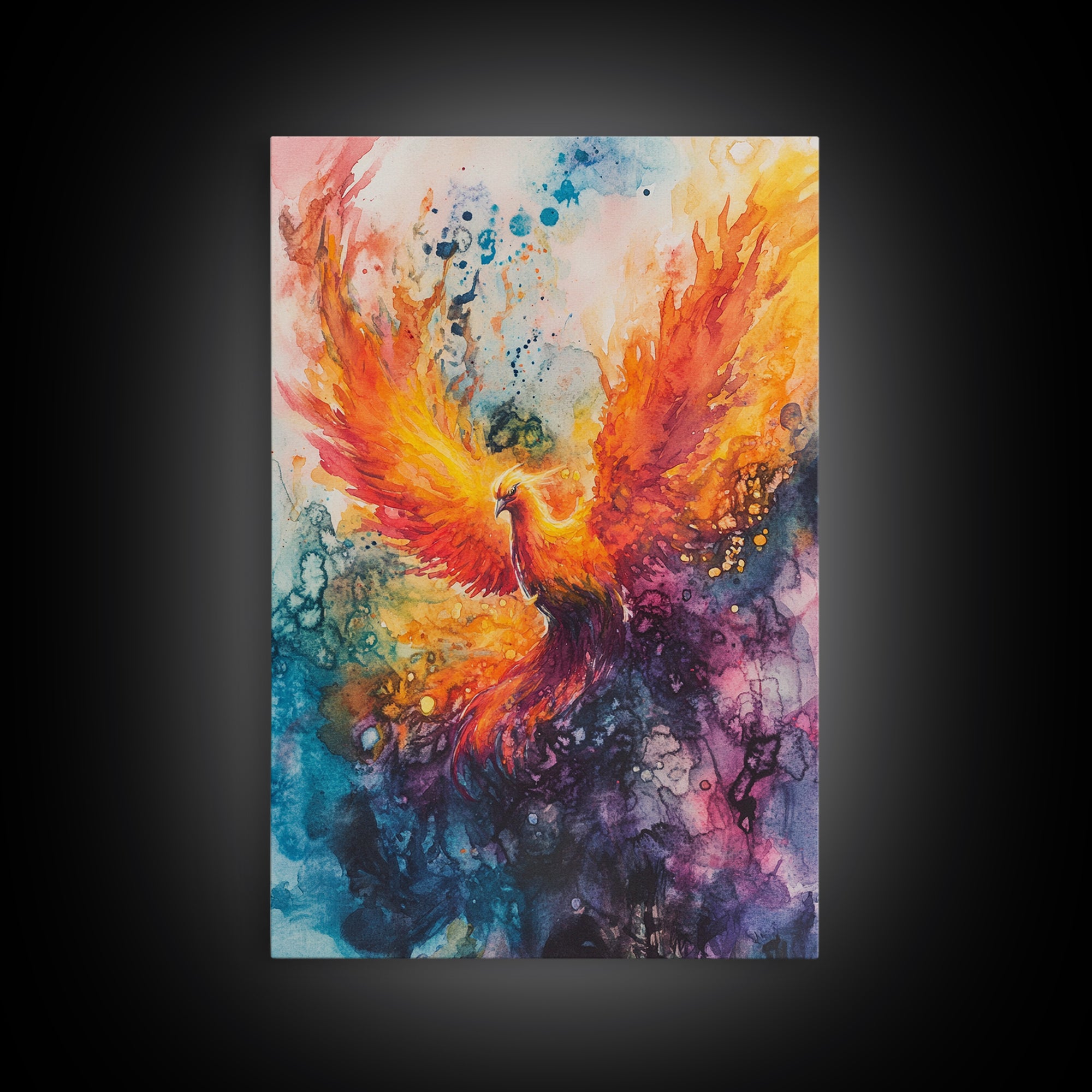 Rising Phoenix Canvas Print Wall Art - Majestric Watercolor Painting On Vertical Canvas, Framed and Ready To Hang, Hardware Included