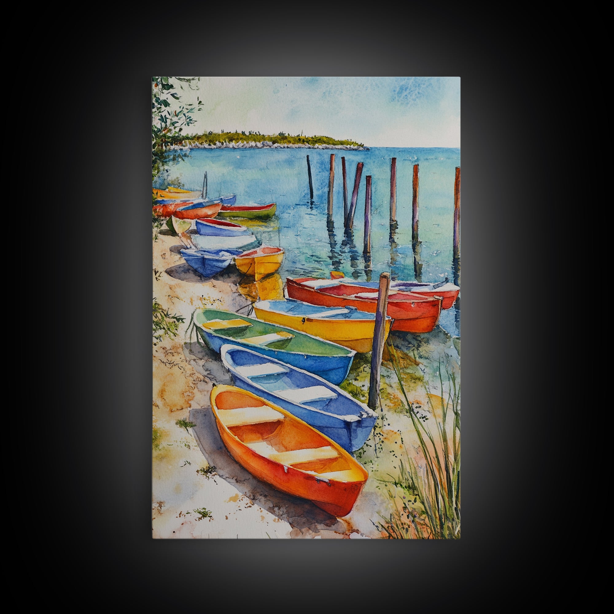 Kayaks On The Ocean Framed Canvas Print, Maine Painting, Coastal Decor, Cute Coastal Wall Art, Preppy Decor, Coastal Landscape Painting