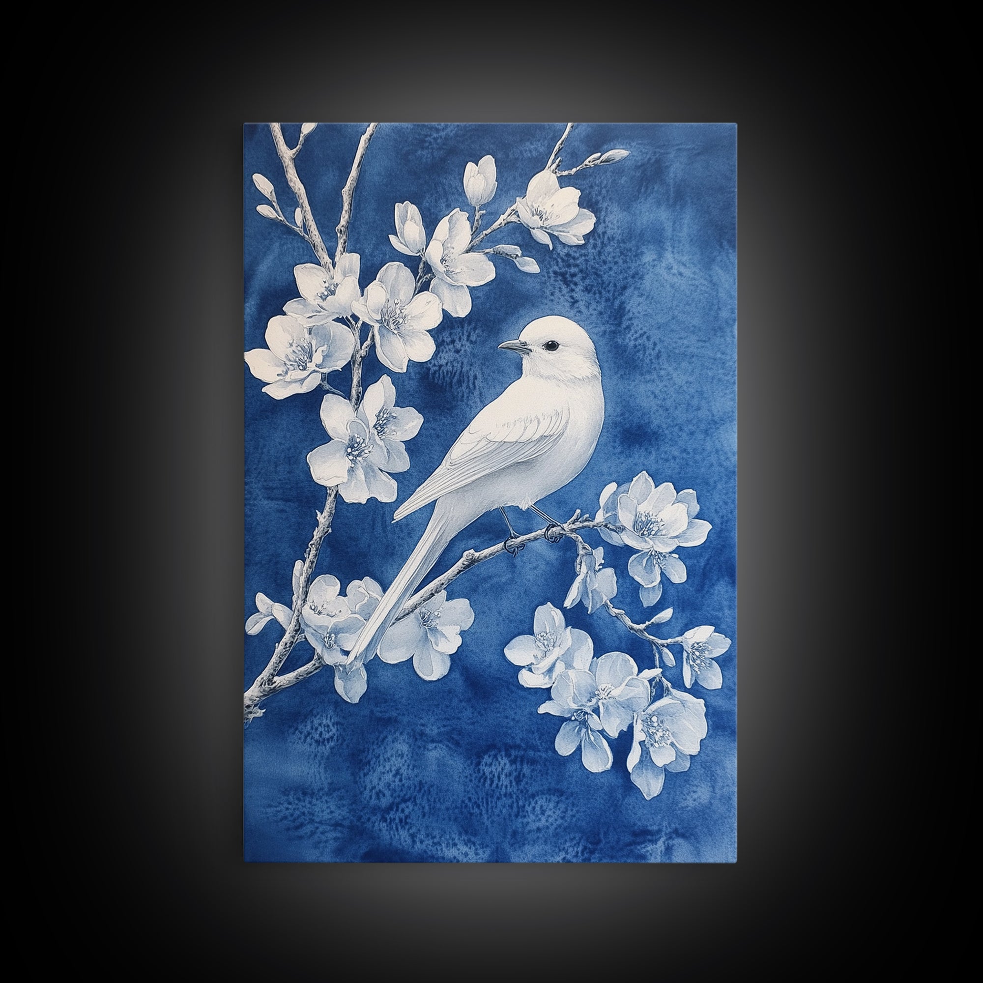 Blue Botanial Wall Art Chinoiserie Wall Art, White Bird, Blue Chinoiserie Home Decor, Botanical Print, Bird Painting, Framed Canvas Print
