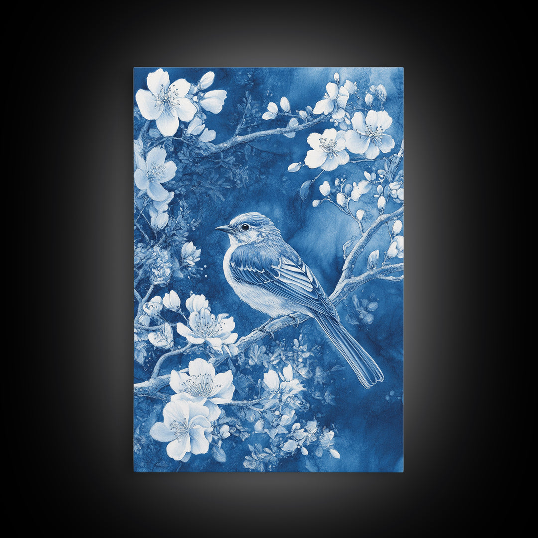 Blue Botanial Wall Art Chinoiserie Wall Art, White Bird, Blue Chinoiserie Home Decor, Botanical Print, Bird Painting, Ready To Hang