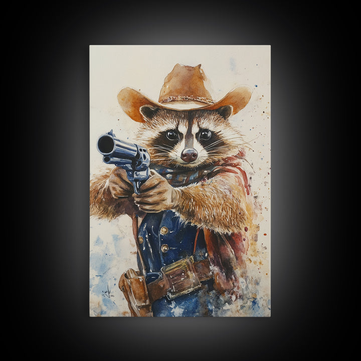 Rootin' Tootin' Racoon Cowboy, Framed Canvas Print, Ready to Hang, Racoon Painting