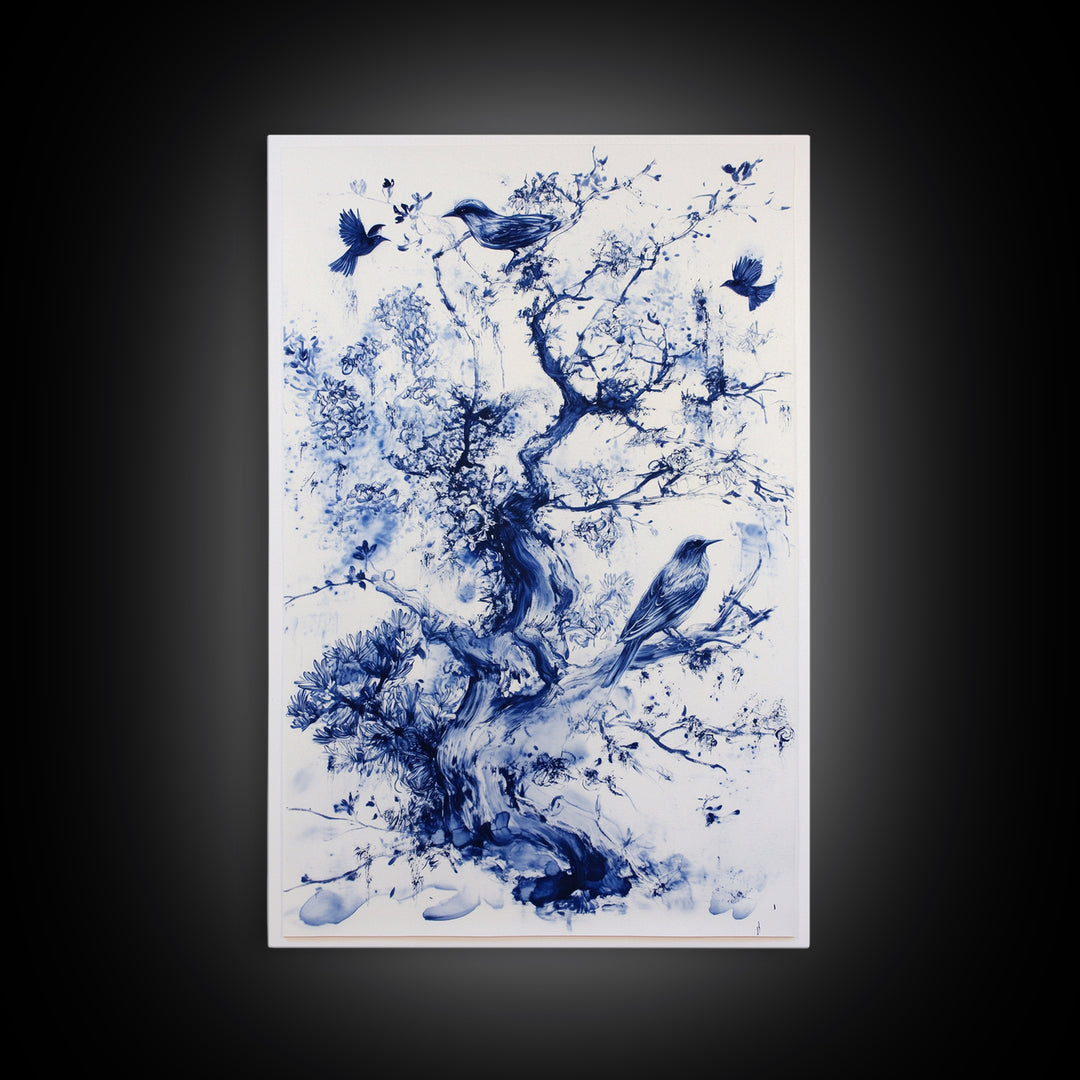 Chinoiserie Wall Art Framed Canvas Print, Blue Tree and Birds, Botanical Print, Birdwatcher Gift Idea, Chinoiserie Style Painting