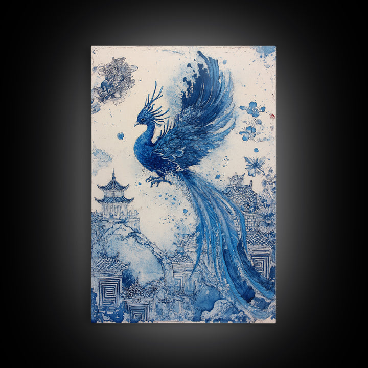 Chinoiserie Phoenix Wall Art, Framed Canvas Print, Chinoiserie Painting, Unique Phoenix Home Decor, Unique Painting, Trendy Decor