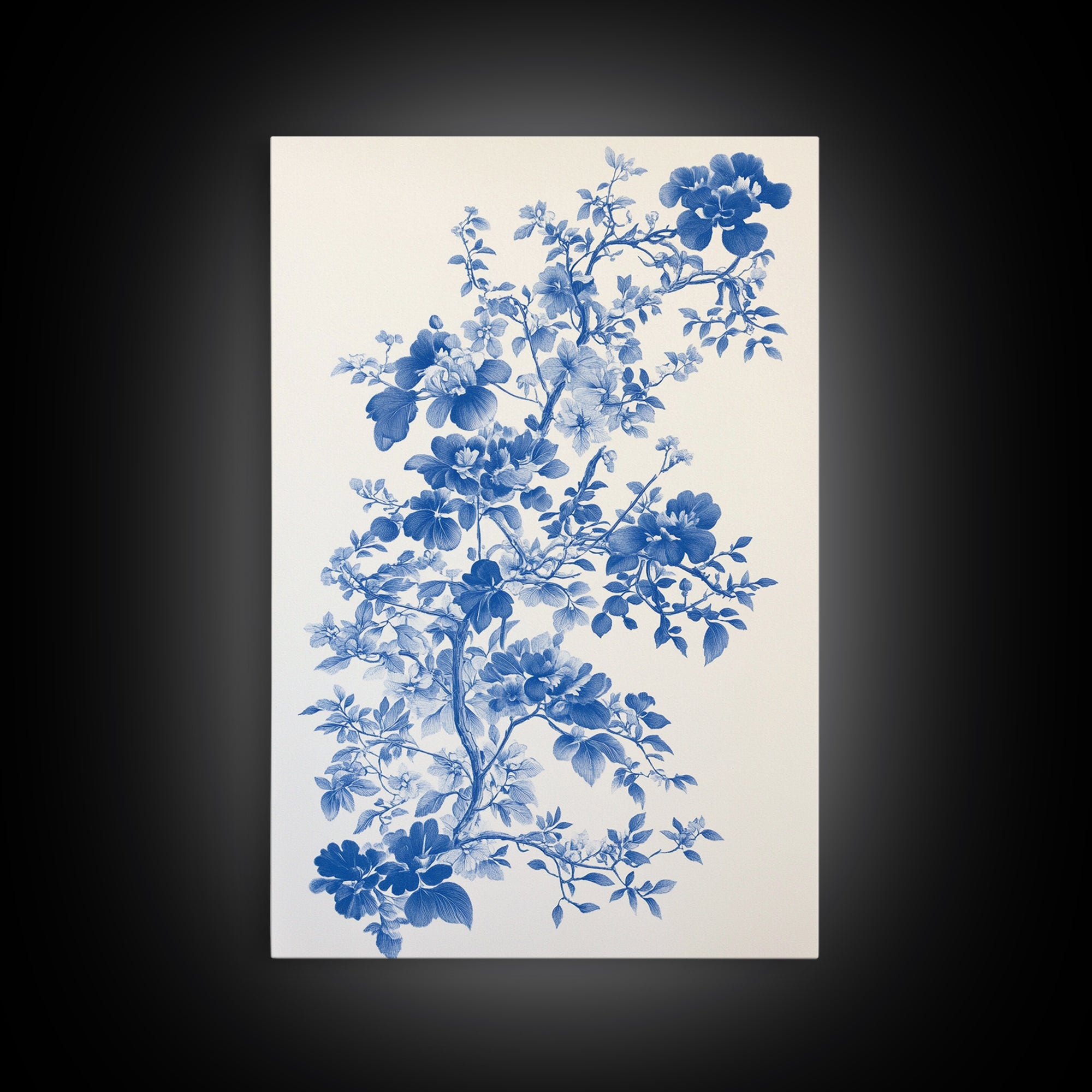Blue Floral Print, Chinoiserie Wall Art, Framed Canvas, Canvas Art Home Decor, Chinoiserie Style Painting