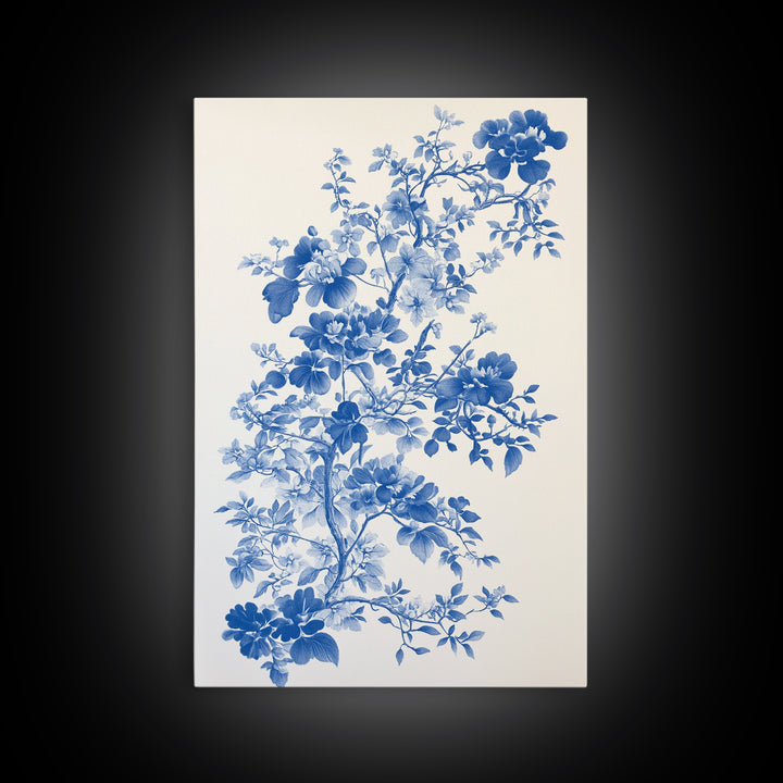 Blue Floral Print, Chinoiserie Wall Art, Framed Canvas, Canvas Art Home Decor, Chinoiserie Style Painting