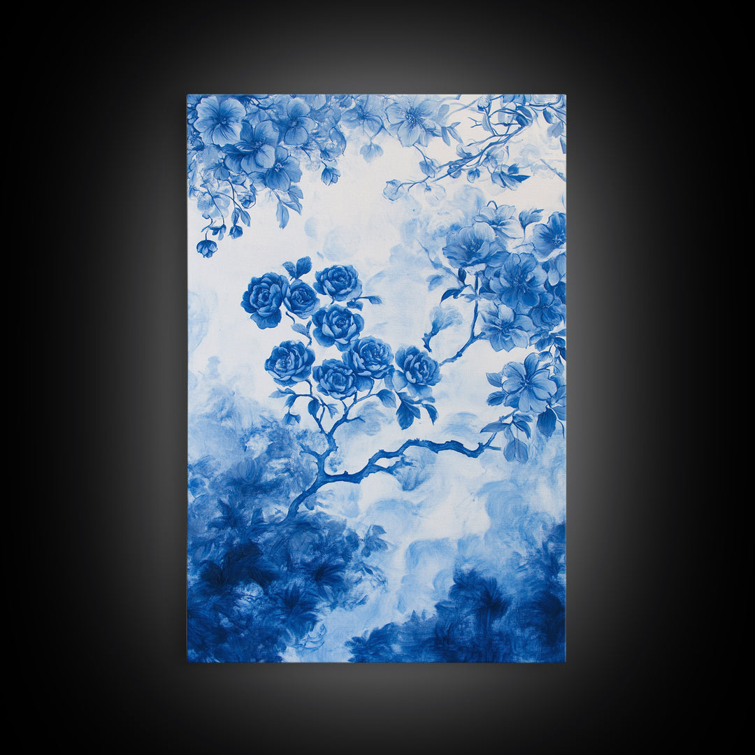 Blue Roses Chinoiserie Style Painting Print, Living Room Decor, Chinoiserie Wall Art, Chinoiserie Decor, Living Room Wall Art