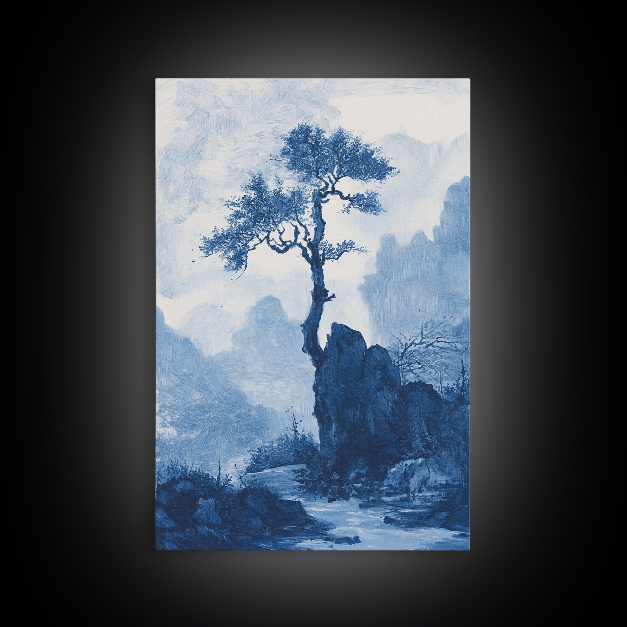 Chinoiserie Wall Art, Chinoiserie Style Canvas Print, Chinoiserie Blue Painting, Retro Boho Style Minimalist Wall Art, Blue Painting