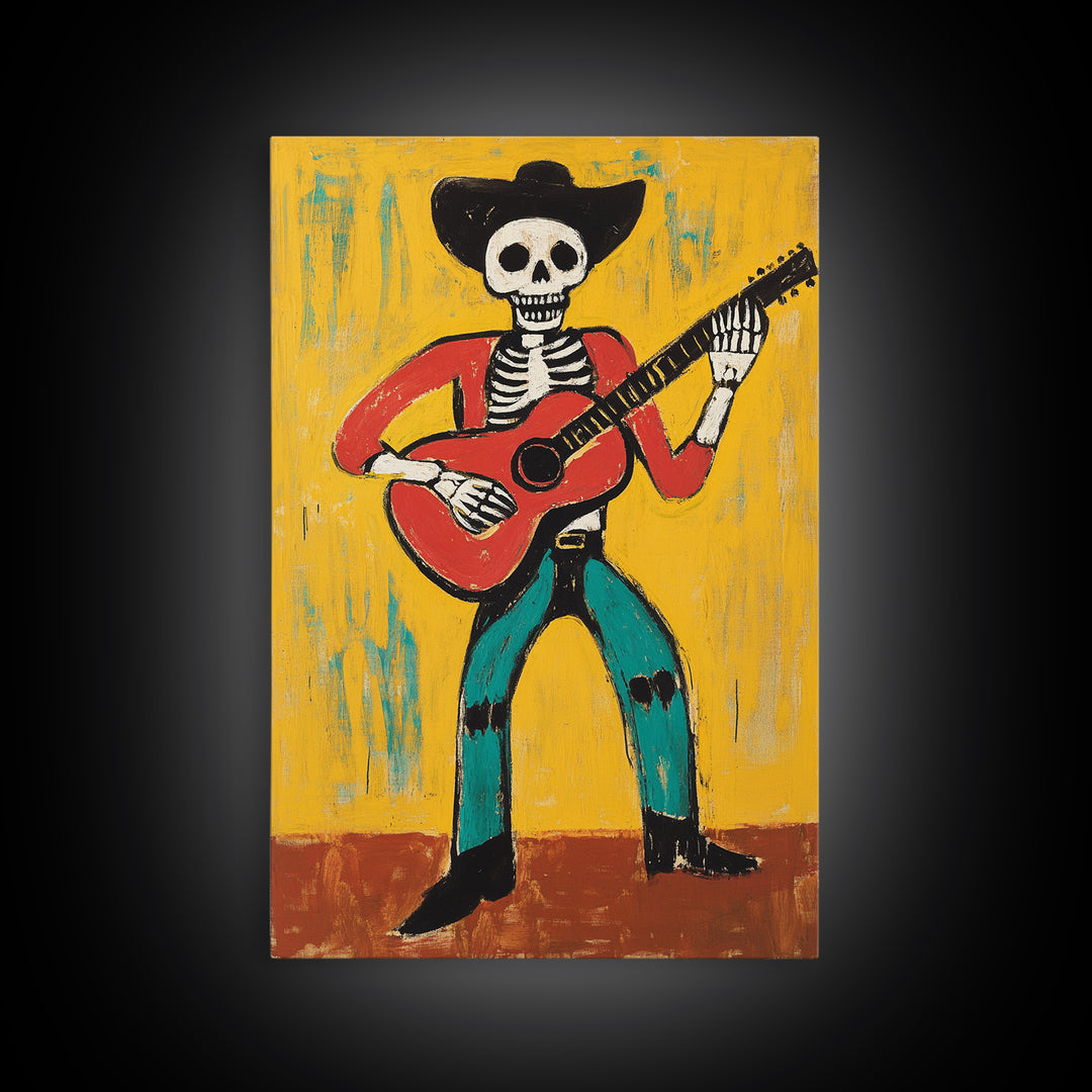 Canvas Print Of a Cowboy Skeleton Guitarist, Mexicano Art, Chicano Art, Original Artwork, Vaquero Art