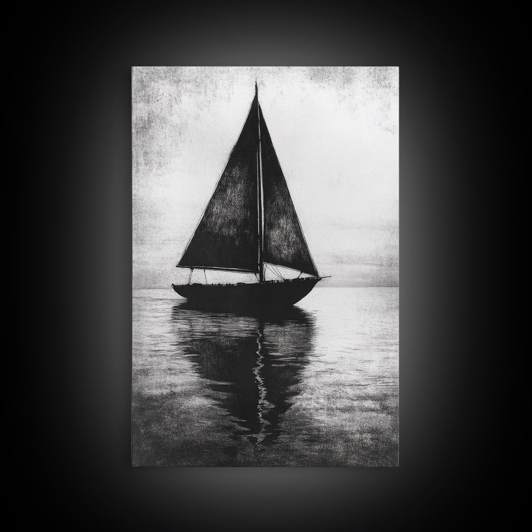 Charcoal Sketch of a Sailboat, Framed Canvas Print, Sailboat Painting, Minimalist Home Decor, Nautical Decor, Black and White Sailboat Art