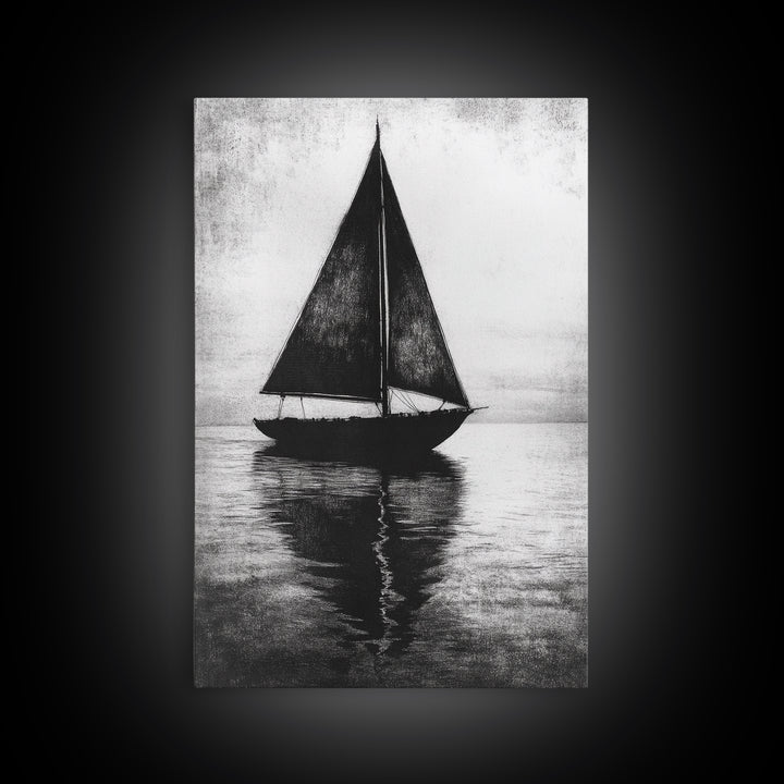 Charcoal Sketch of a Sailboat, Framed Canvas Print, Sailboat Painting, Minimalist Home Decor, Nautical Decor, Black and White Sailboat Art