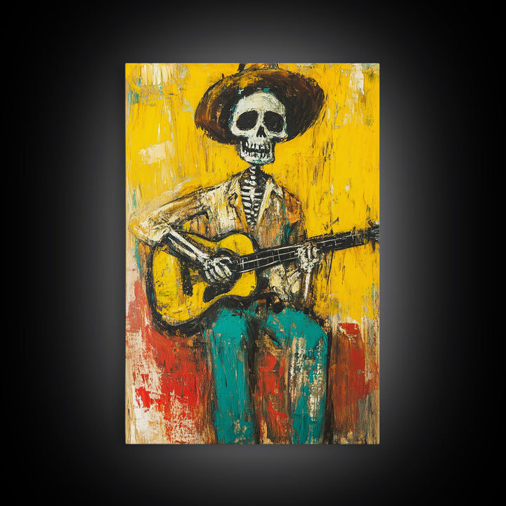 Chicano Canvas Print Of a Cowboy Skeleton Guitarist, Mexicano Art, Chicano Art, Original Artwork, Vaquero Art