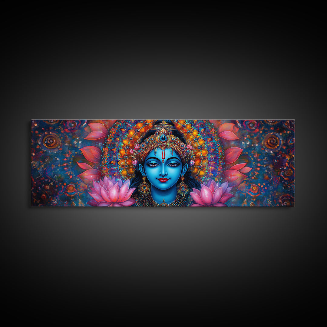Krishna Painting Print, Ready To Hang Canvas Wall Art, Radha Krishna Art, Panoramic Art, Extra Wide Horizontal Art, Hinduism Wall Art