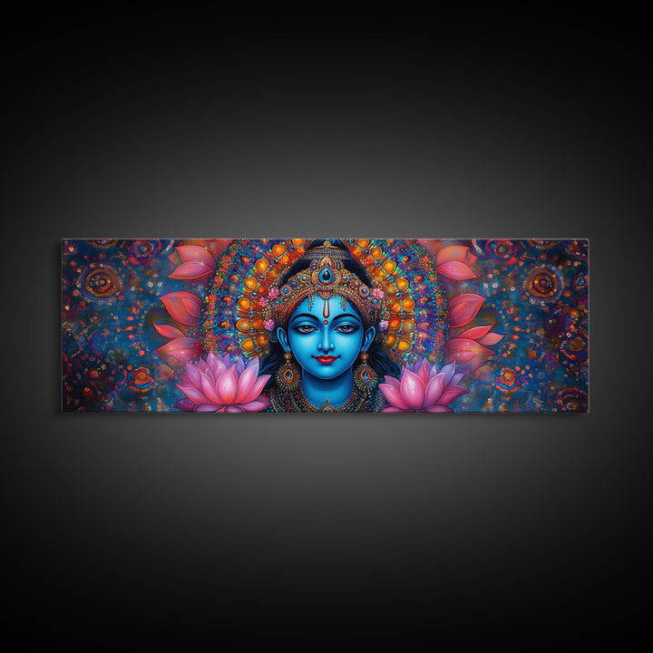 Krishna Painting Print, Ready To Hang Canvas Wall Art, Radha Krishna Art, Panoramic Art, Extra Wide Horizontal Art, Hinduism Wall Art