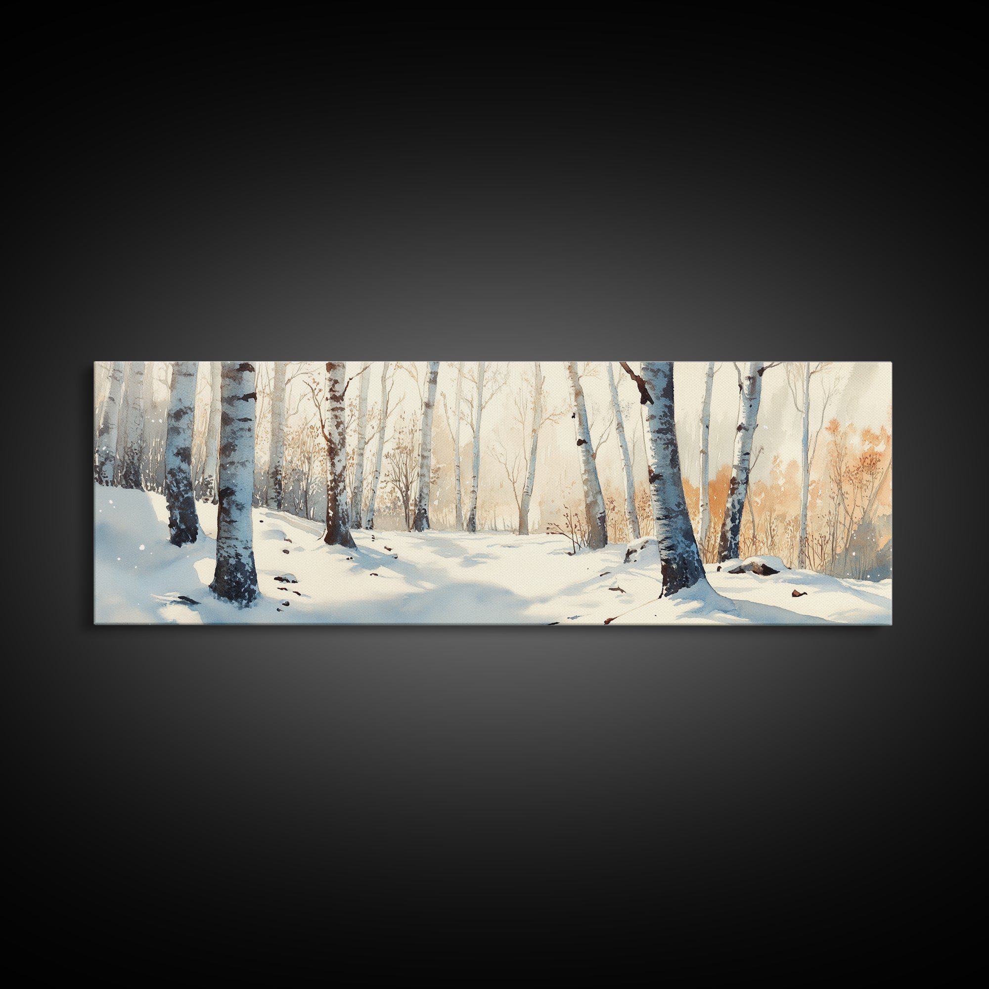 Birch Tree Forest In The Snow Covered Winter Framed Canvas Print, Panoramic Wall Art, Original Birch Tree Art, Birch Tree Painting, Horizontal Art