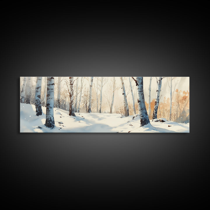 Birch Tree Forest In The Snow Covered Winter Framed Canvas Print, Panoramic Wall Art, Original Birch Tree Art, Birch Tree Painting, Horizontal Art