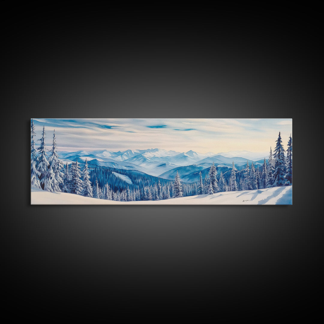 Winter Forest Landscape Painting Print, Horizontal Wall Art, Pine Tree Forest Covered in Snow, Mountain Painting, Mountain Landscape Art