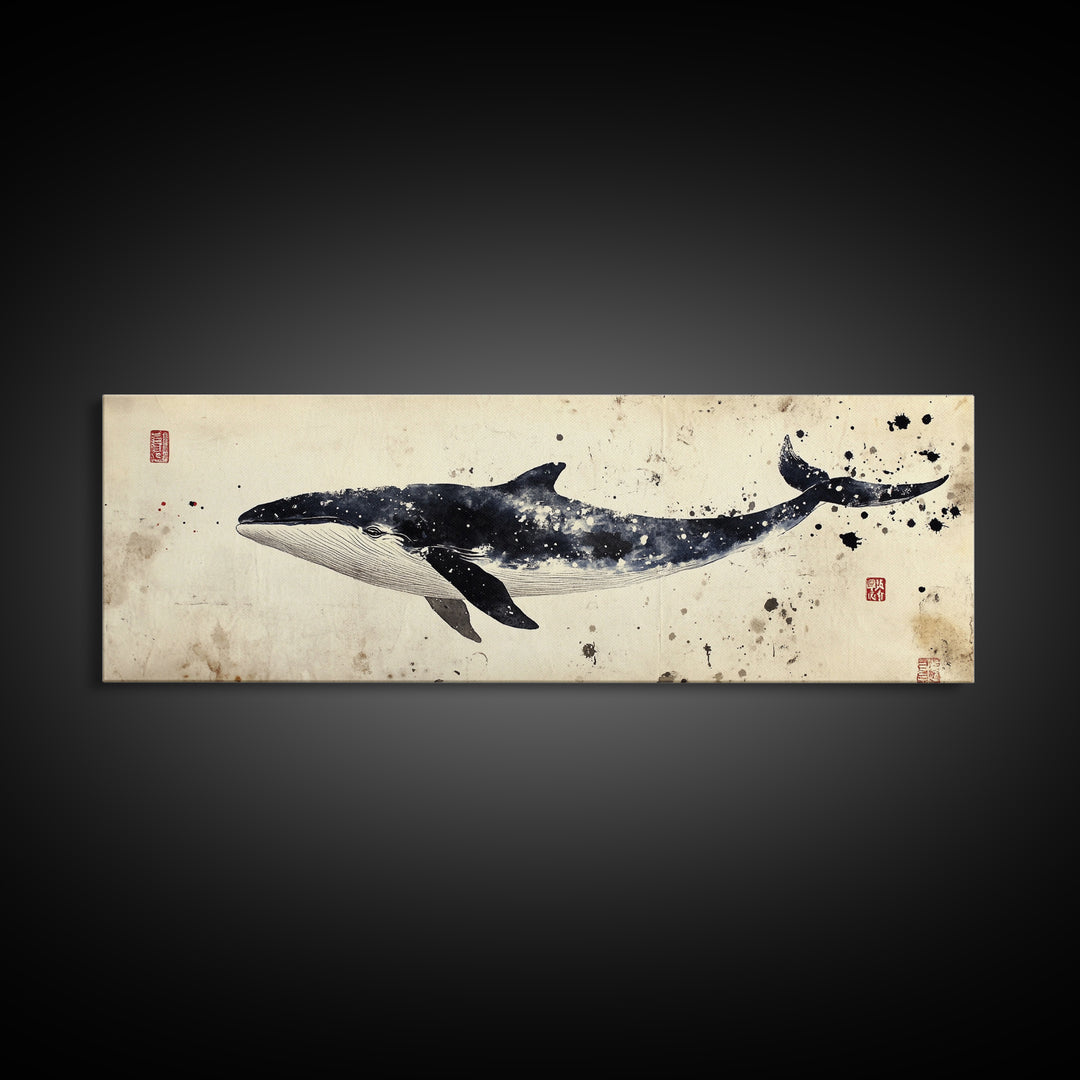 Whale Art Wabi Sabi Panoramic Oil Painting Print, Japanese Style Wall Art - Whale Decor - Whale Art Print - Living Room Decor - Minimalist