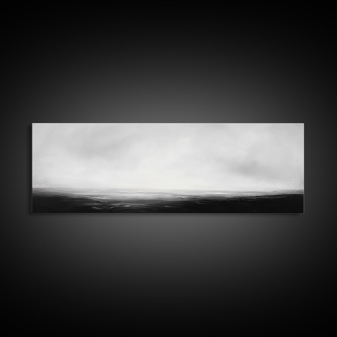 The Sea is Calm Panoramic Canvas Print, Seascape Painting, Black and White Nautical Art, Moody Decor, Muted Art, Subdued Art