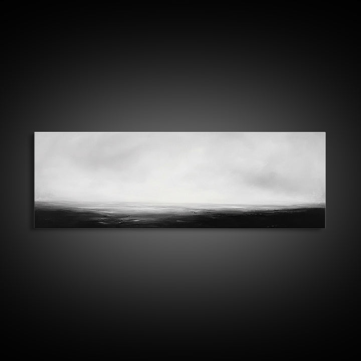 The Sea is Calm Panoramic Canvas Print, Seascape Painting, Black and White Nautical Art, Moody Decor, Muted Art, Subdued Art