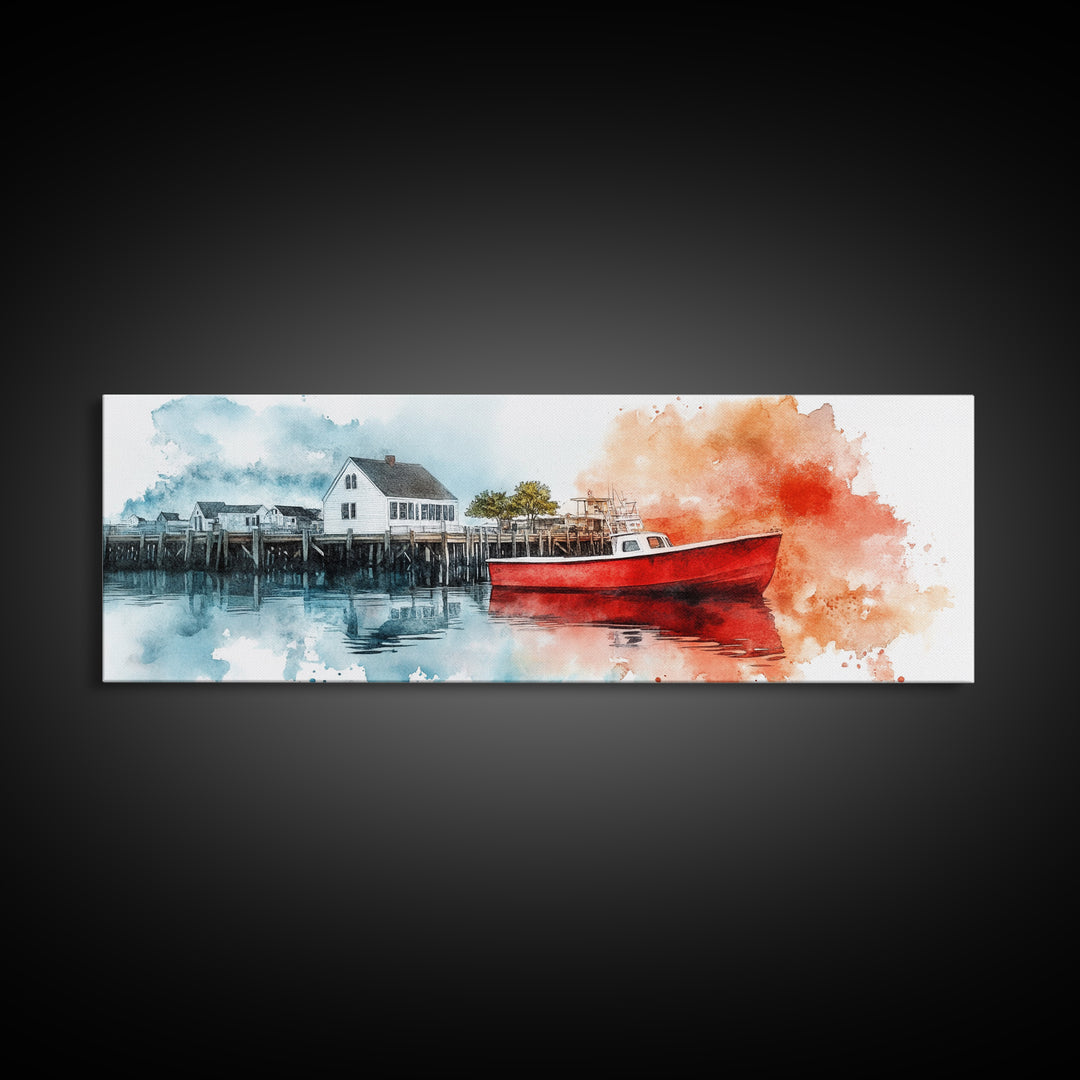 Panoramic Nautical Seacape Painting, Framed Canvas Print - Nantucket Wall Art - Beach House Art - Painting of Nantucket