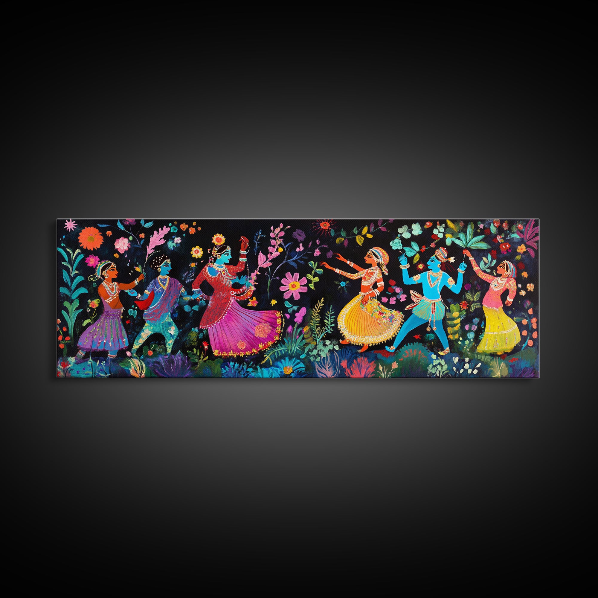 Kerala Style Art Canvas Print, Kerala Mural Painting Print, Panoramic Horizonal Wide Wall Art, Kerala Painting Mural