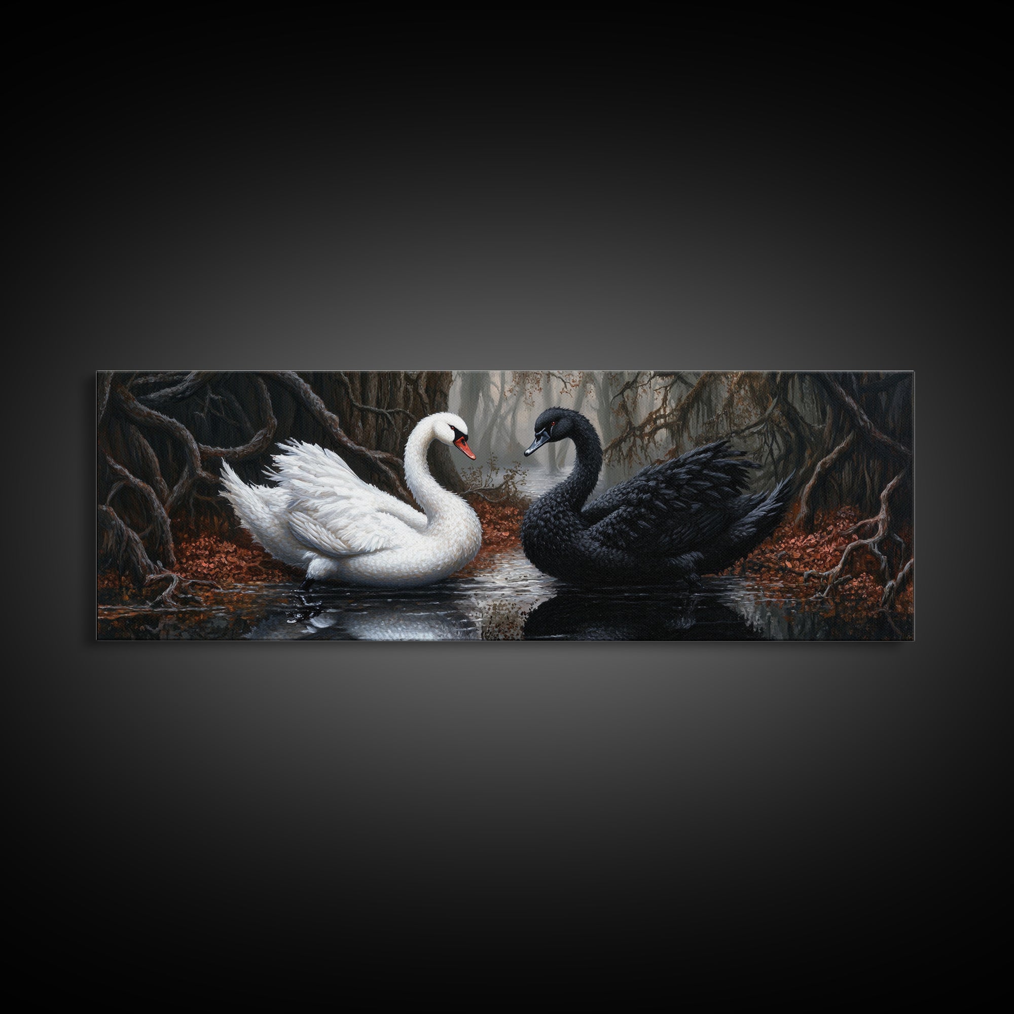 Black and White Swan Form  A Heart, Framed Canvas Print, Swan Painting, Black Swan Art, Dark Romance, Panoramic Art, Gothic Art