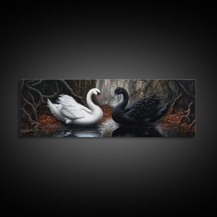 Black and White Swan Form  A Heart, Framed Canvas Print, Swan Painting, Black Swan Art, Dark Romance, Panoramic Art, Gothic Art