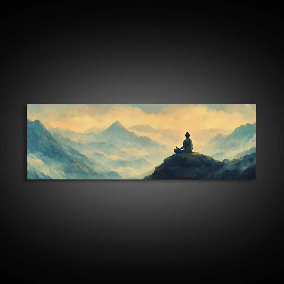 Buddha Meditating On The Mountain Framed Canvas Print, Zen Wall Art, Meditation Room Decor, Yoga Studio Decor, Panoramic Buddha Painting