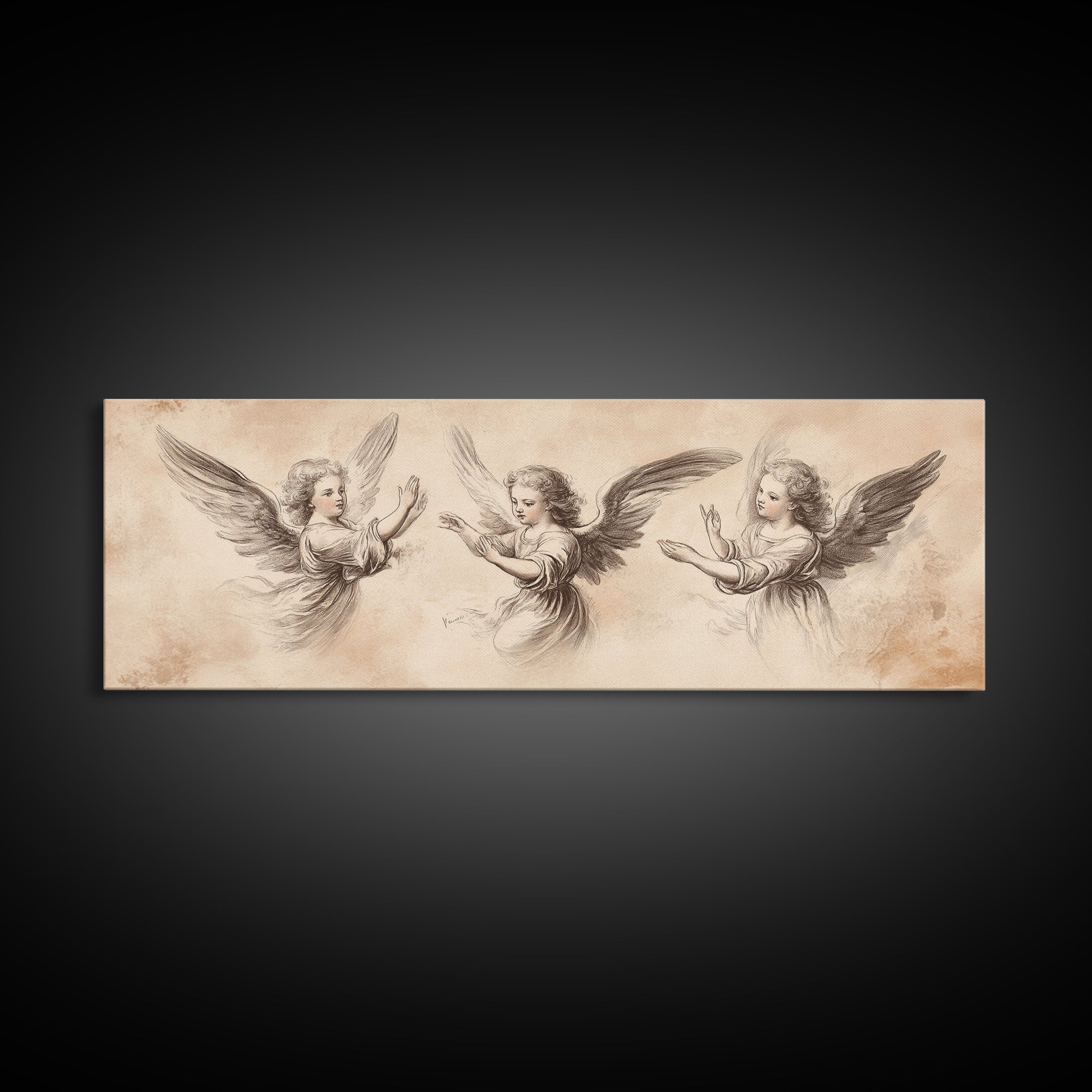 Painting of 3 Angels Canvas Print, Guardian Angels Wall Art, Angel Sketch, Angel Painting, Angelic Home Decor, Extra Wide Wall Art