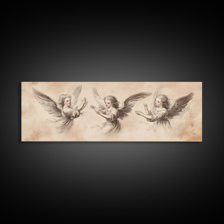 Painting of 3 Angels Canvas Print, Guardian Angels Wall Art, Angel Sketch, Angel Painting, Angelic Home Decor, Extra Wide Wall Art